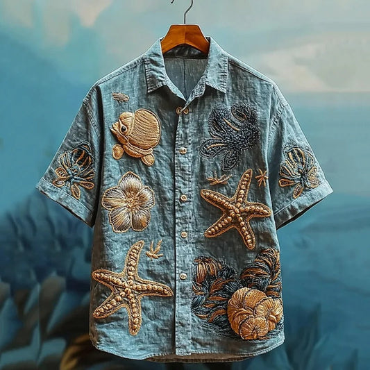 SweetChair Men's Embroidered Marine Life Pattern Linen Shirt