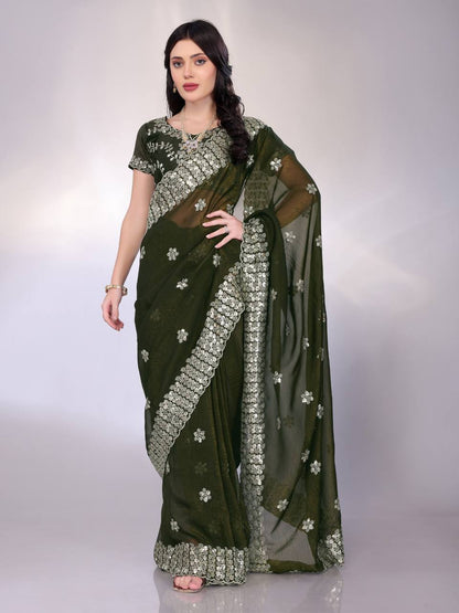 Jungle Green Modern Gold Tussar Silk Saree