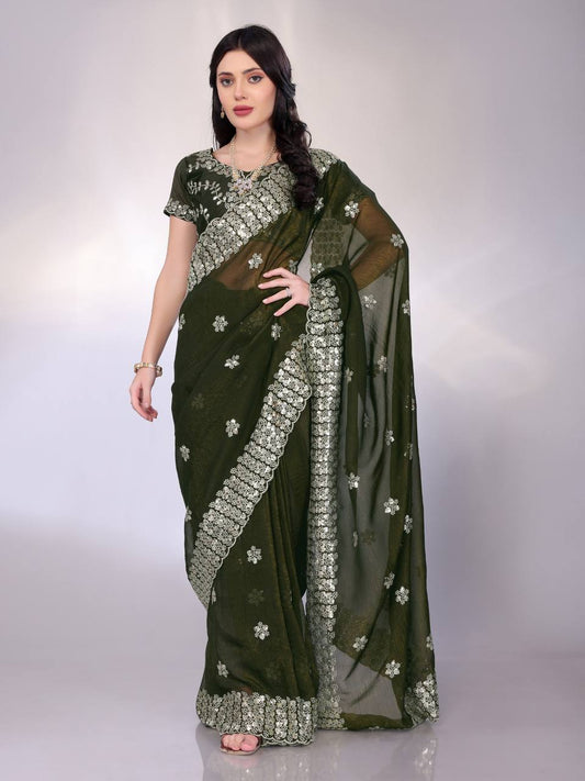 Jungle Green Modern Gold Tussar Silk Saree