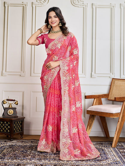 Pink Bandhani Printed Georgette Saree