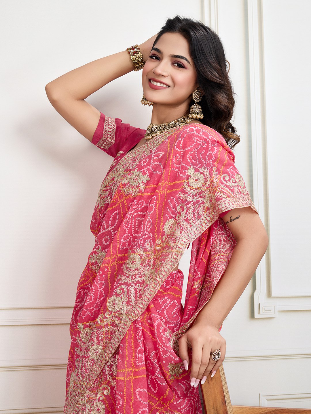 Pink Bandhani Printed Georgette Saree
