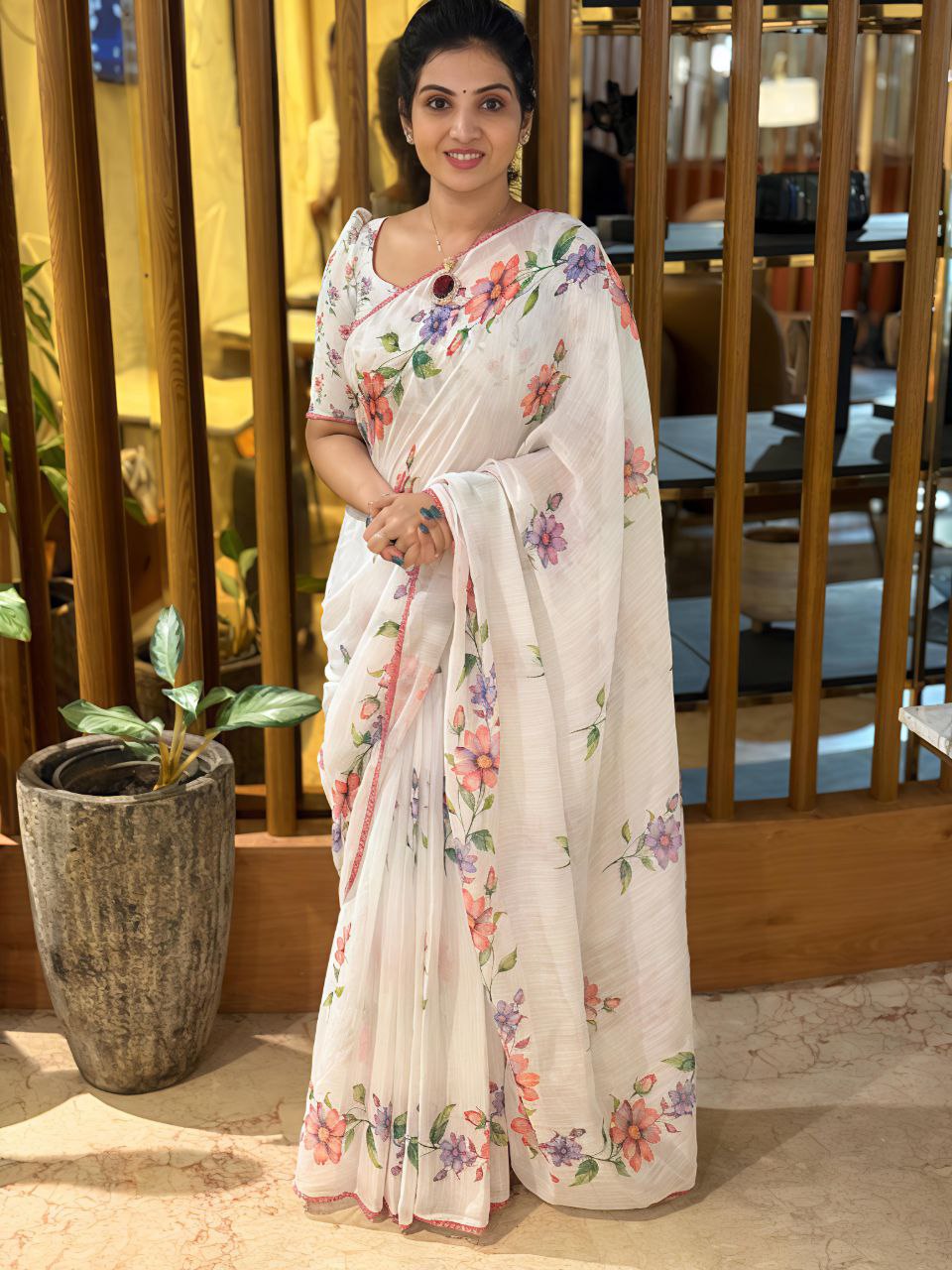 Floral Digital Printed Linen Saree