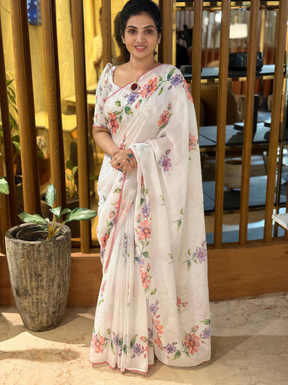 Floral Digital Printed Linen Saree