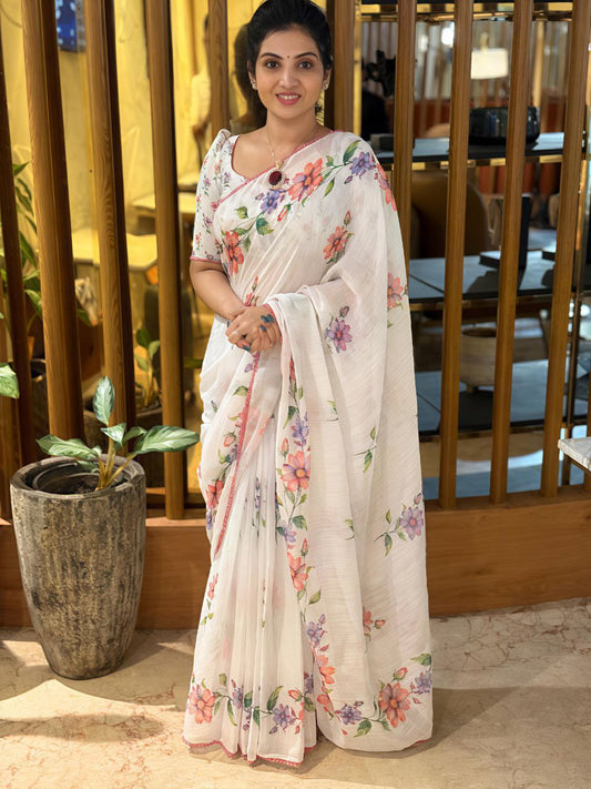 Floral Digital Printed Linen Saree