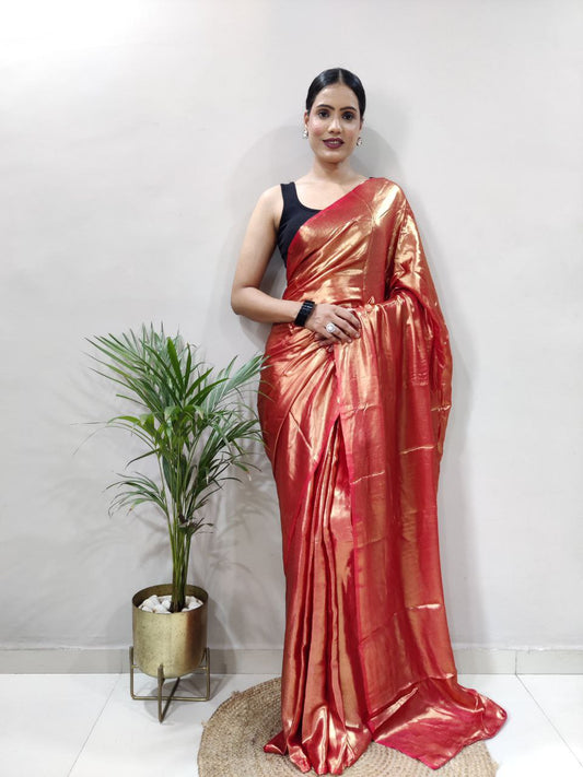 Red Golden Ready to Wear Shimmer Silk Saree